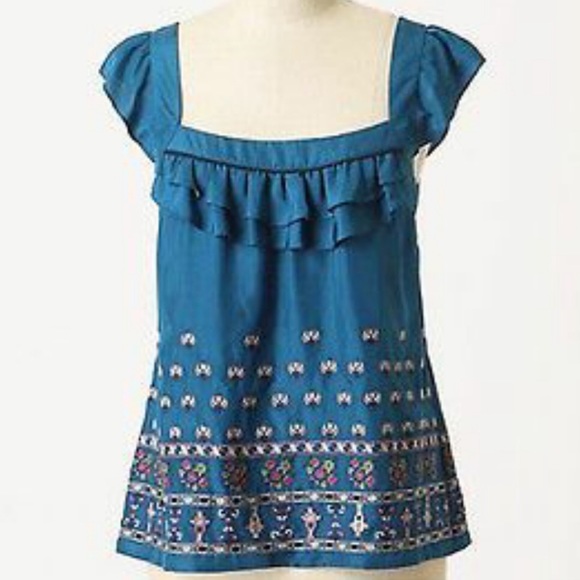 Anthropologie Tops - Anthropologie Floreat Teal Silk Top Size 8 EUC